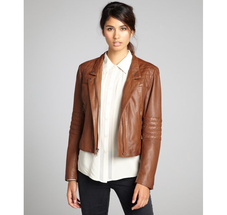 Lyst Cole Haan Saddle Leather Stitch Detailed Zip Moto Jacket In Brown Gallery