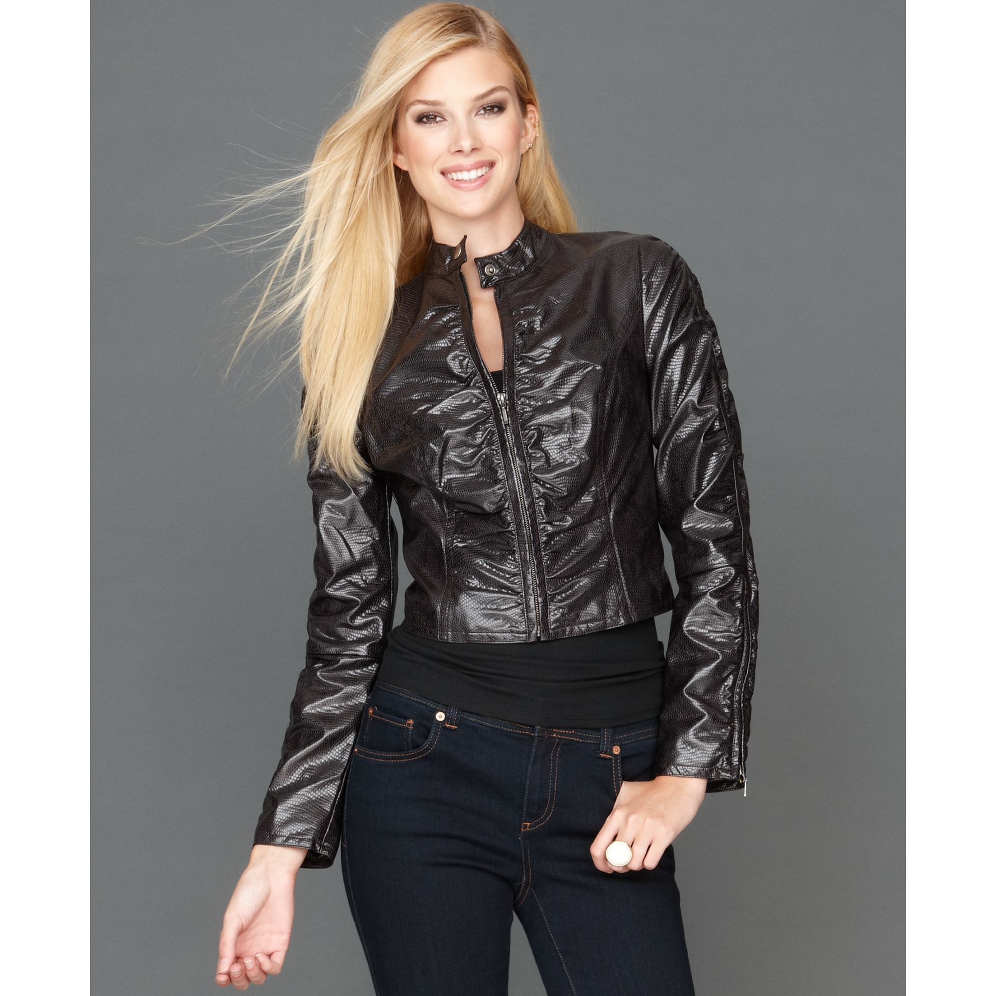 Inc international concepts Stamped Faux Leather Ruched Moto Jacket in ...