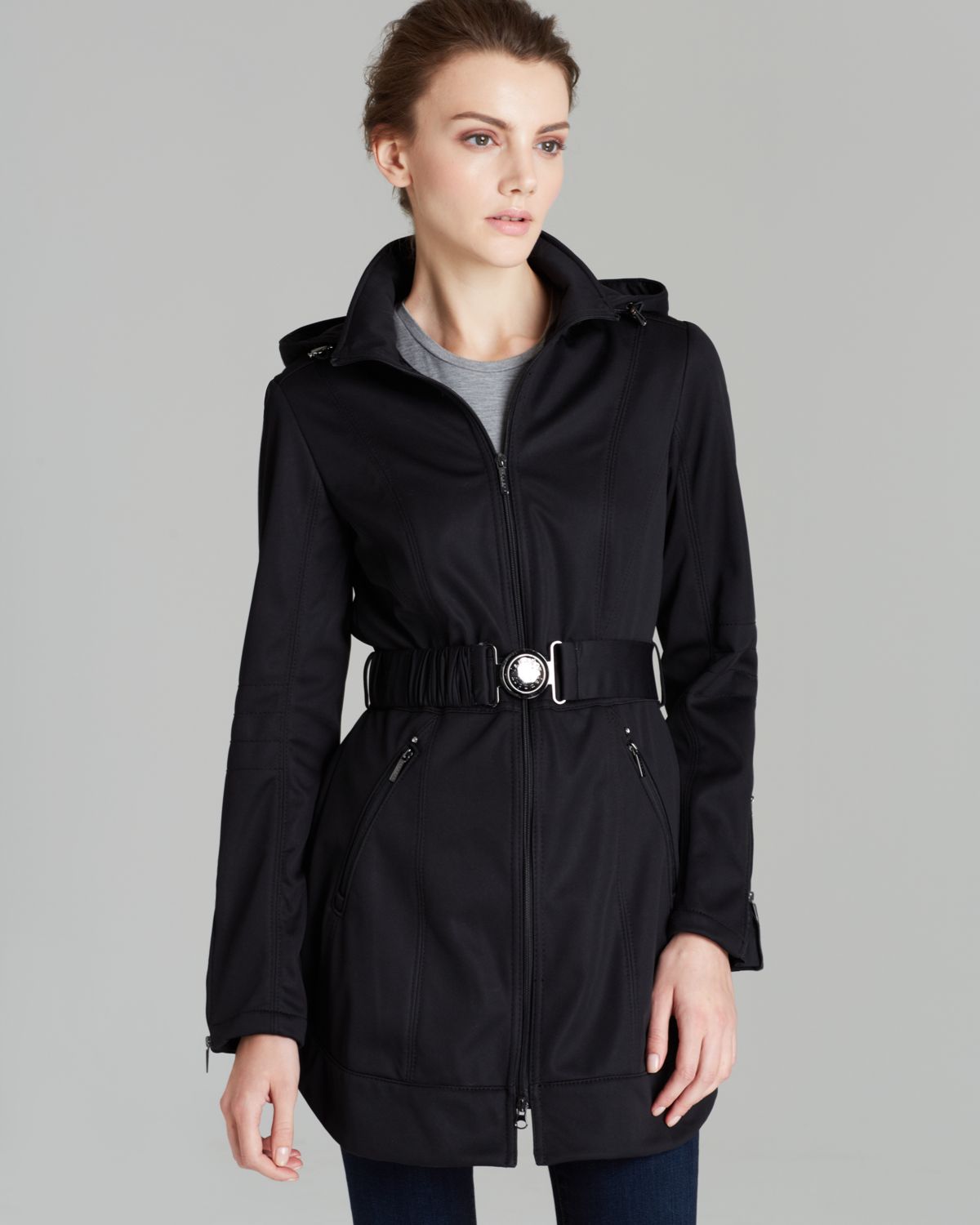 Laundry by shelli segal Belted Hooded Soft Shell Coat in Black | Lyst