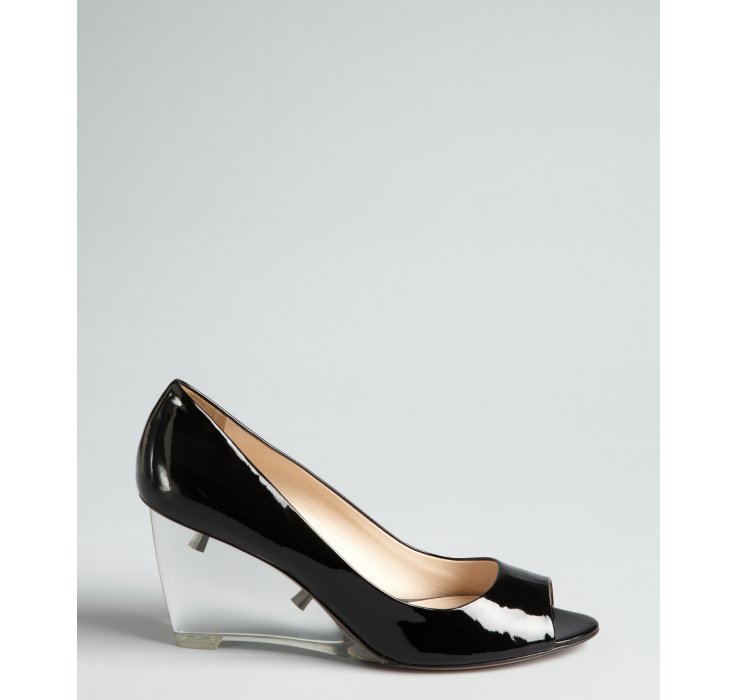 Lyst - Prada Black Patent Leather Peep Toe Lucite Wedges in Black