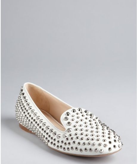 Prada White Leather Silver Studded Slip-On Loafers in White | Lyst