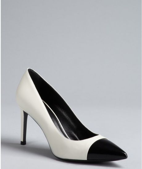 Saint Laurent Porcelain White and Black Pointed Cap Toe Pumps in White ...
