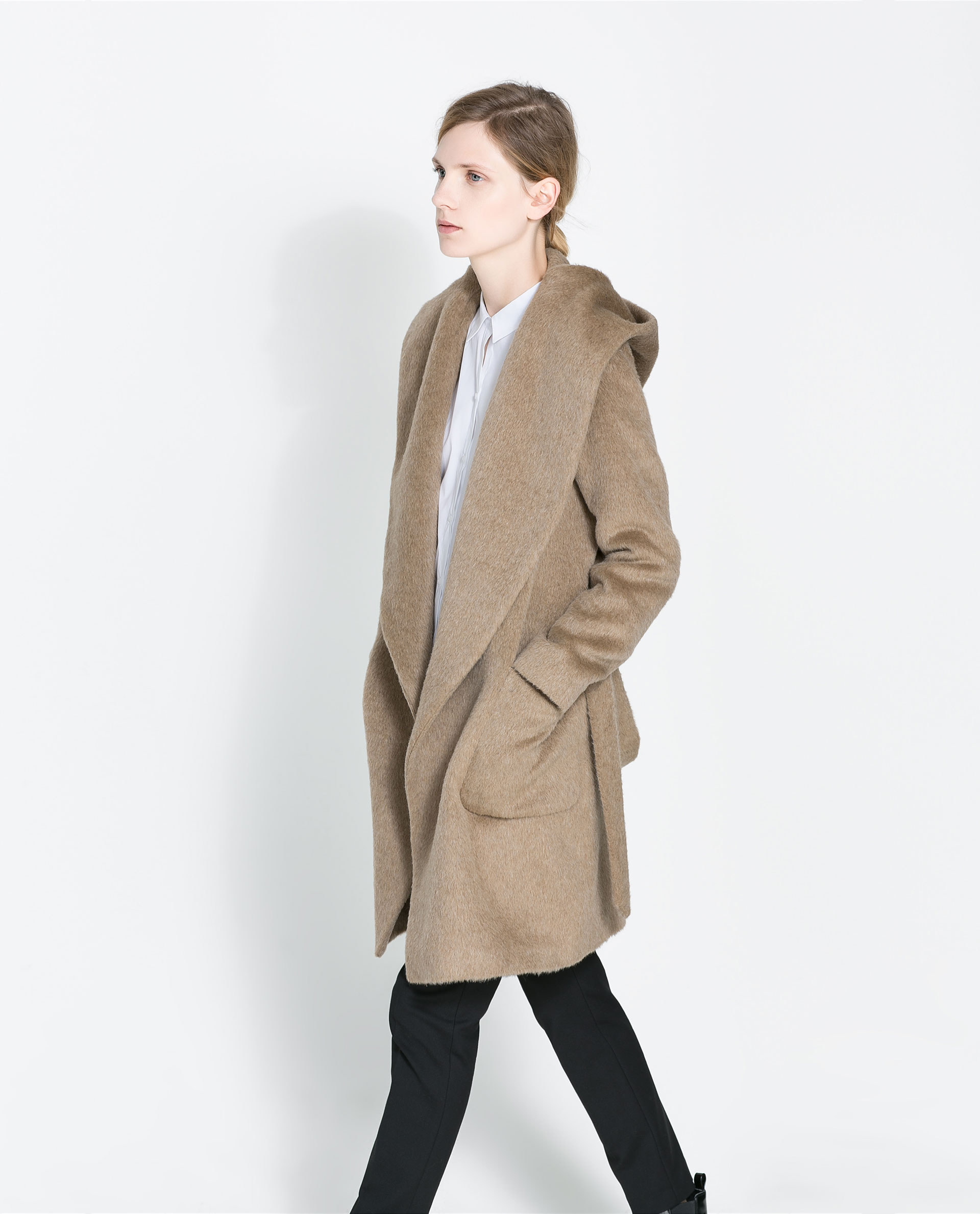 Zara Belted Coat with Hood in Natural | Lyst