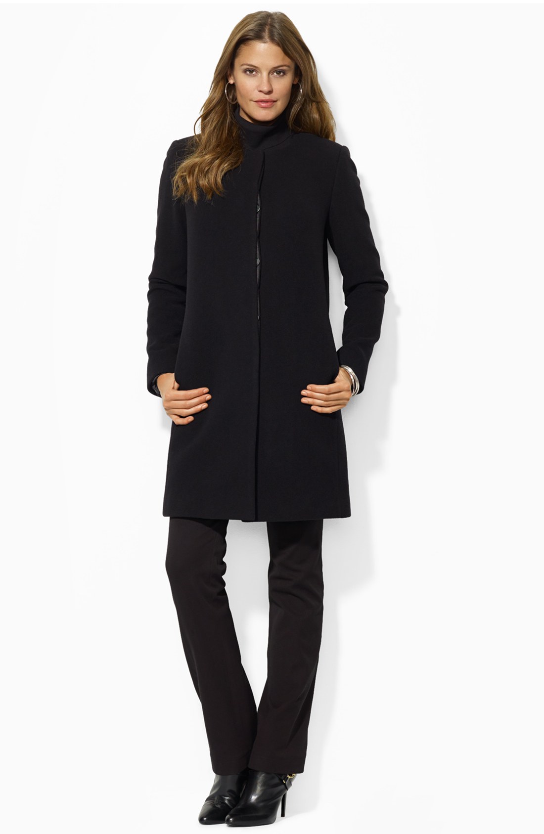 Lauren By Ralph Lauren Collarless Wool Blend Coat in Black | Lyst