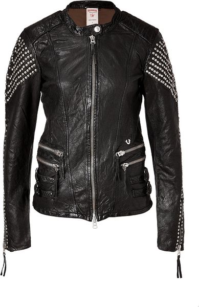 True Religion Leather Biker Studs Jacket in Black in Black | Lyst