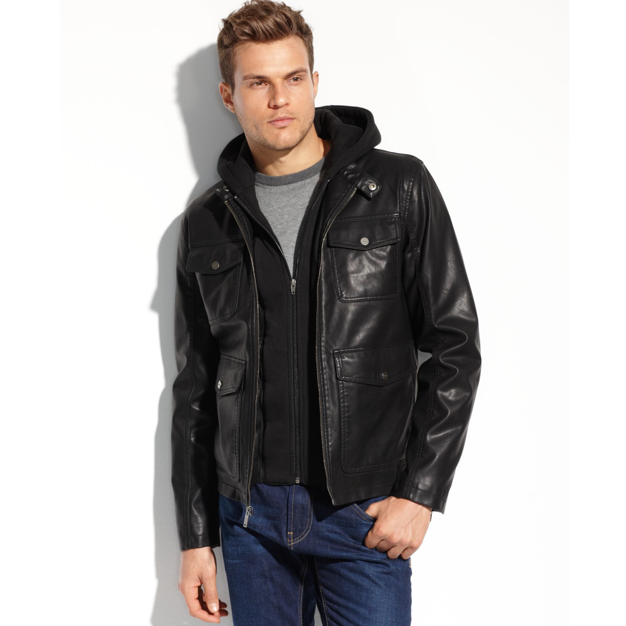 Lyst Guess Coats Faux Leather Fourpocket Hooded Jacket In Black Gallery