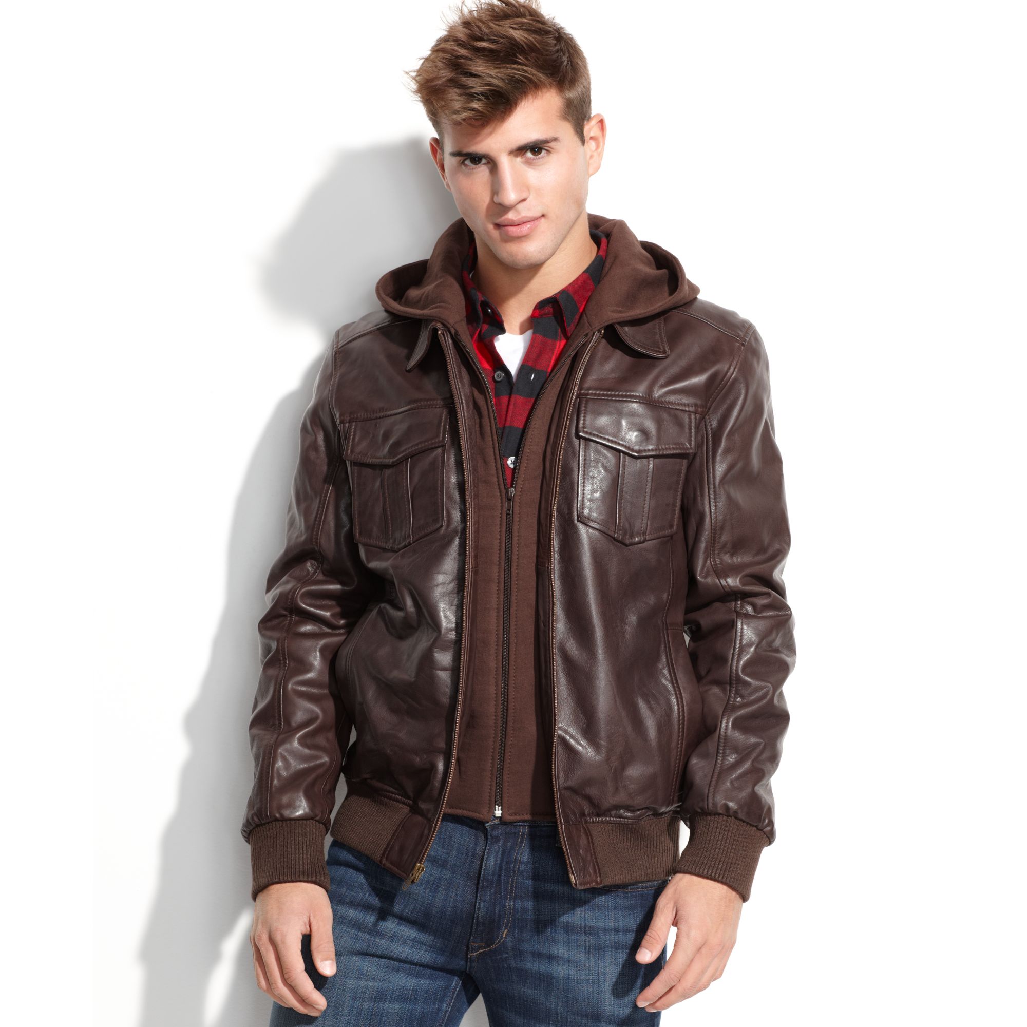 Lyst - Guess Jacket Fleece Hood Leather Bomber in Brown for Men