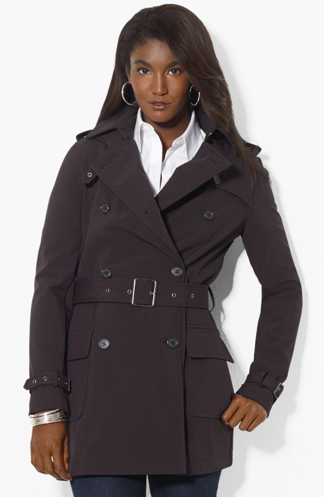 Lauren By Ralph Lauren Double Breasted Soft Shell Trench Coat in Black ...
