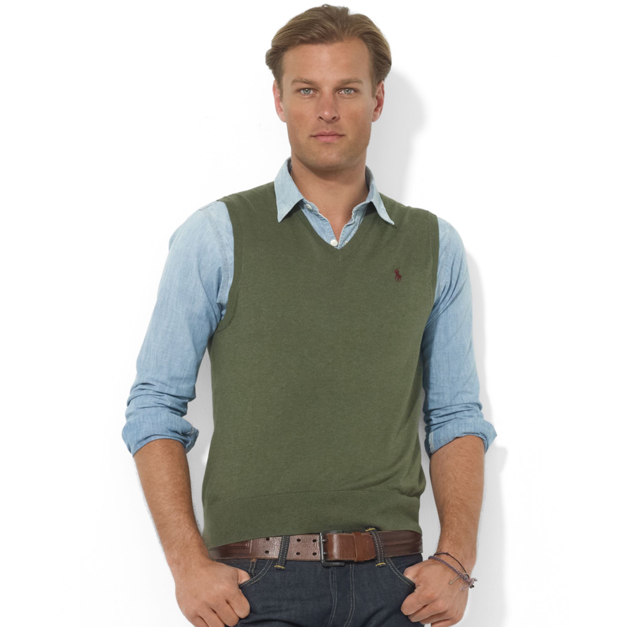 Ralph lauren V-neck Merino Wool Sweater Vest in Green for Men | Lyst