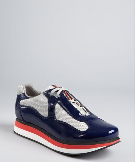 Prada Sport Royal Patent Leather Mesh Panel Lace Up Sneakers in Blue ...