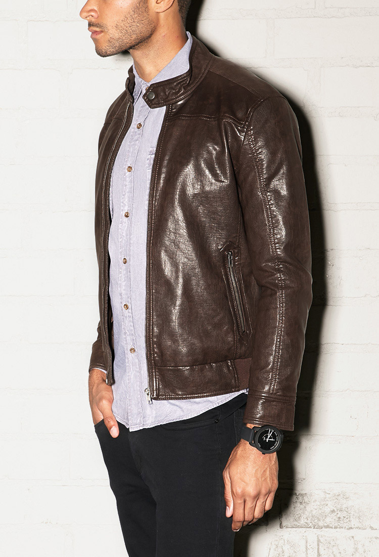 Mens Brown Faux Leather Motorcycle Jacket - Jacket