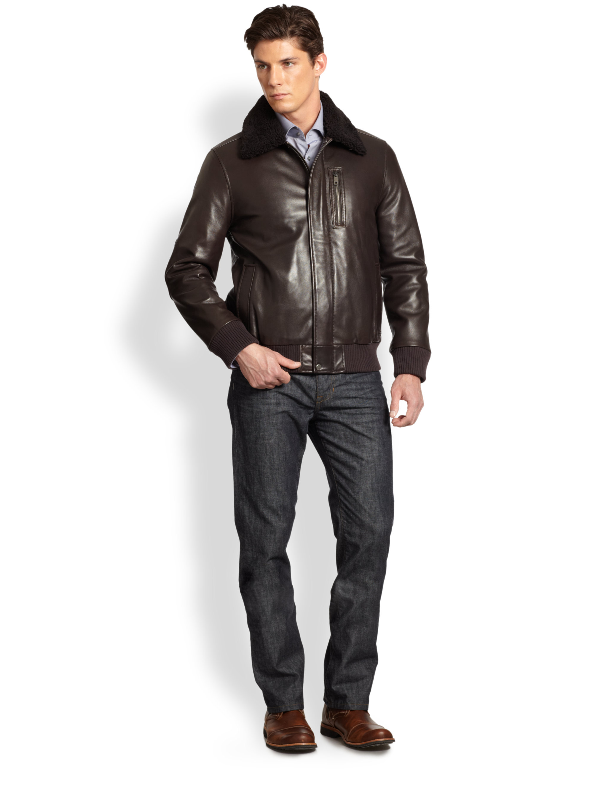 Lyst - Andrew Marc Shearling Leather Bomber Jacket in Brown for Men