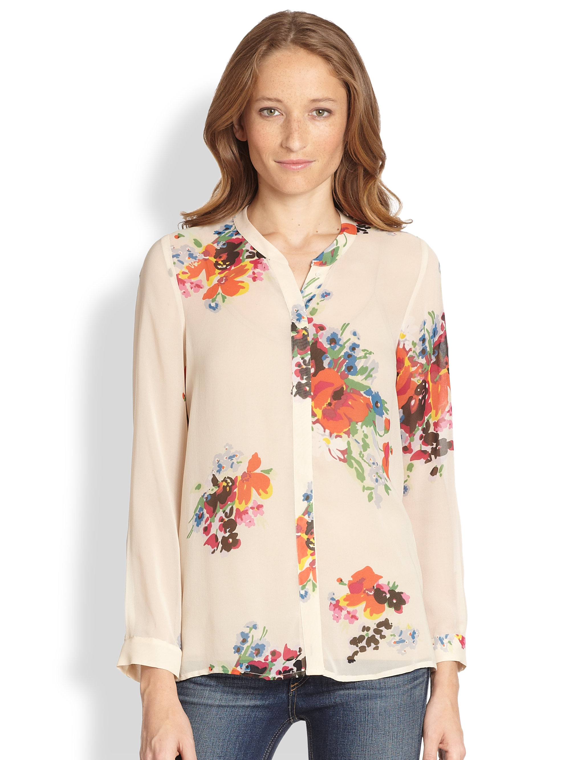 Lyst - Joie Devitri Floral Silk Chiffon Blouse in Natural