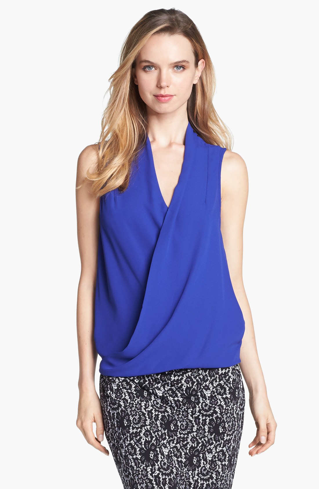 Vince Camuto Sleeveless Faux Wrap Top in Blue (Ultramarine) | Lyst