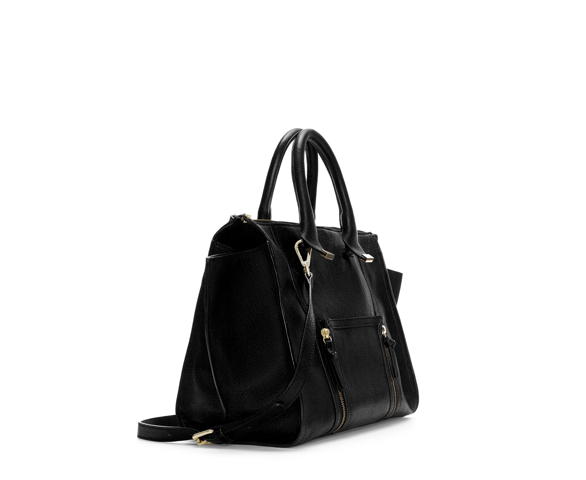 Zara Leather City Bag with Pocket and Zips in Black Lyst
