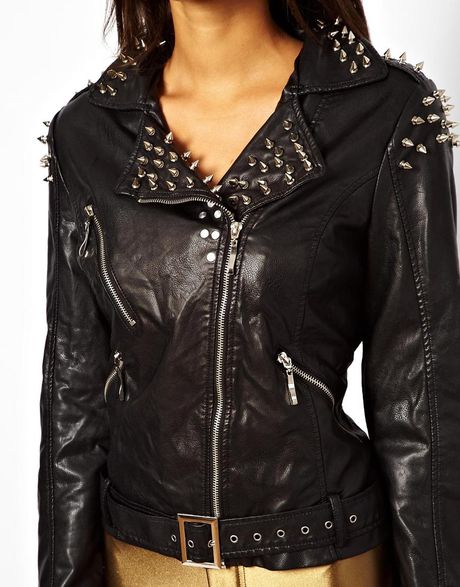 Glamorous Studded Leather Look Biker Jacket in Black | Lyst