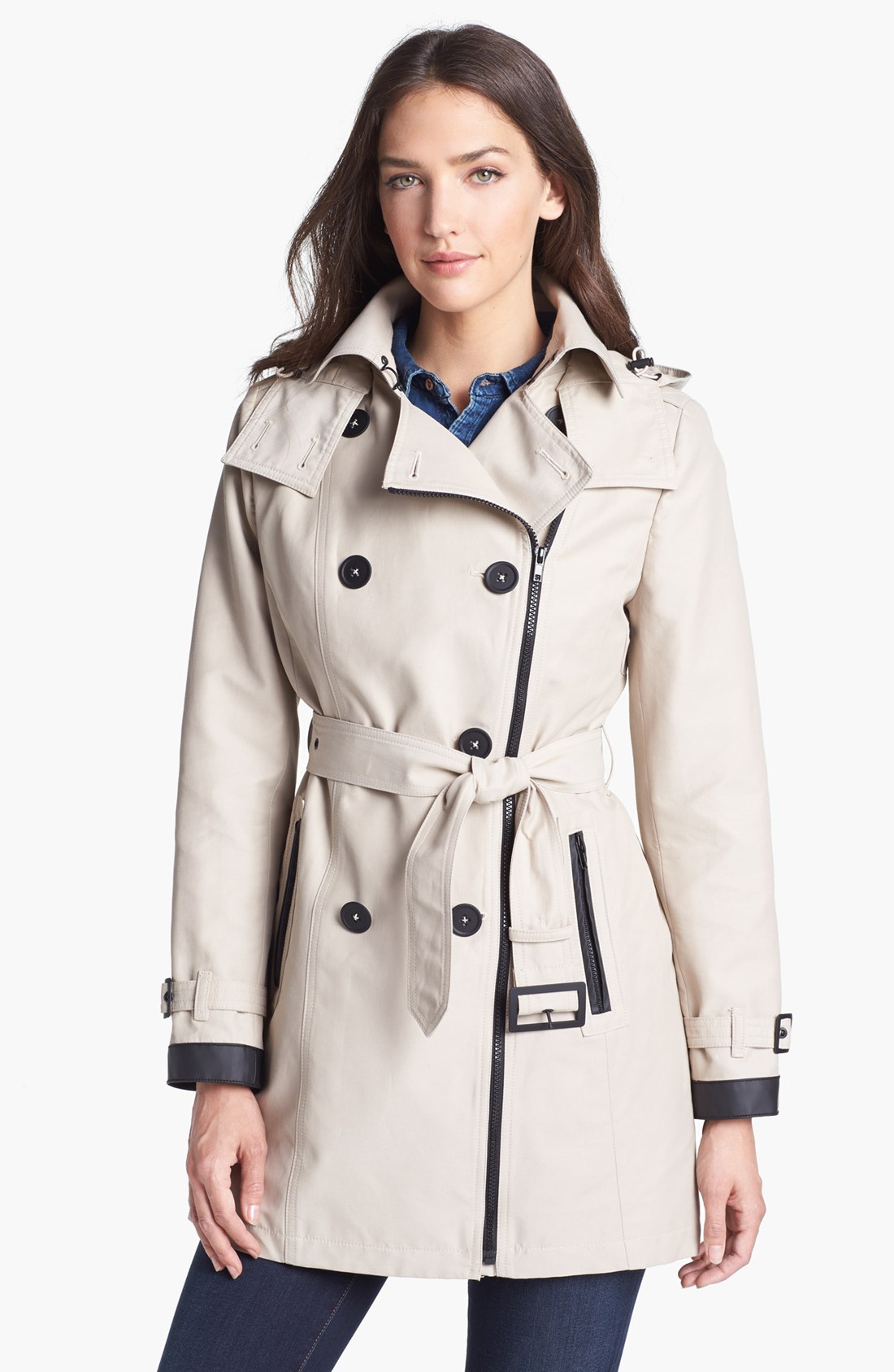 London Fog Double Breasted Zip Trench Coat with Detachable Hood Liner ...