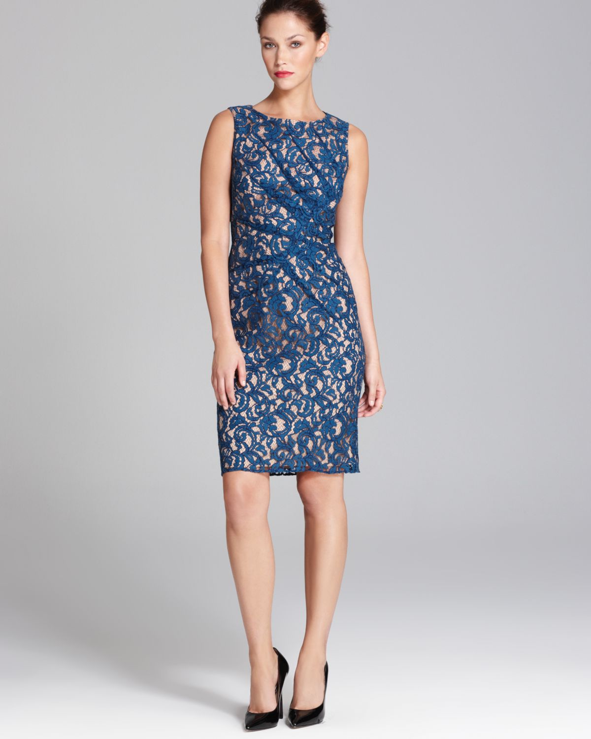 Lyst Adrianna Papell Pleated Front Lace Sheath Dress Sleeveless In Blue 2202