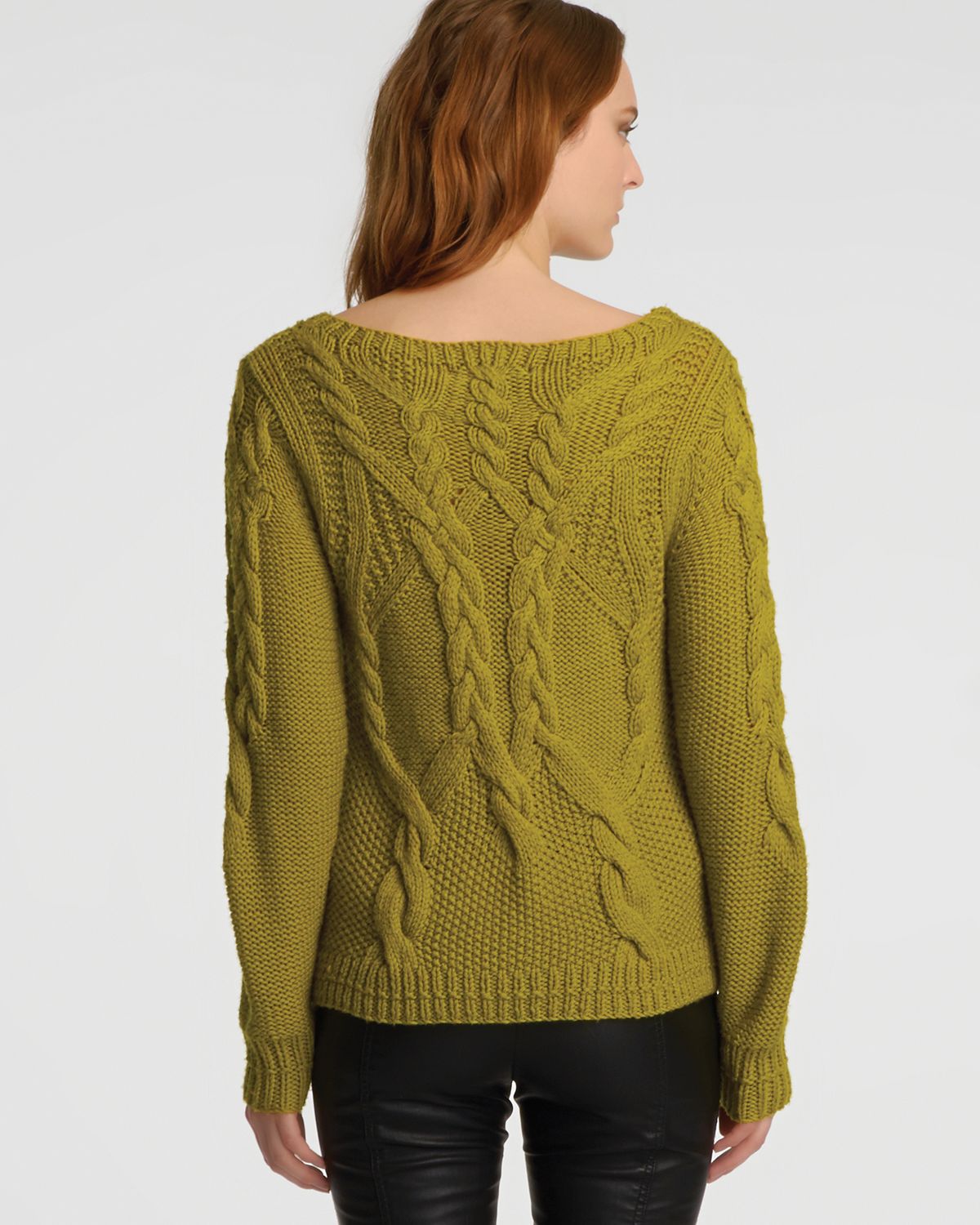 Lyst Halston Boat Neck Cable Knit Sweater in Green