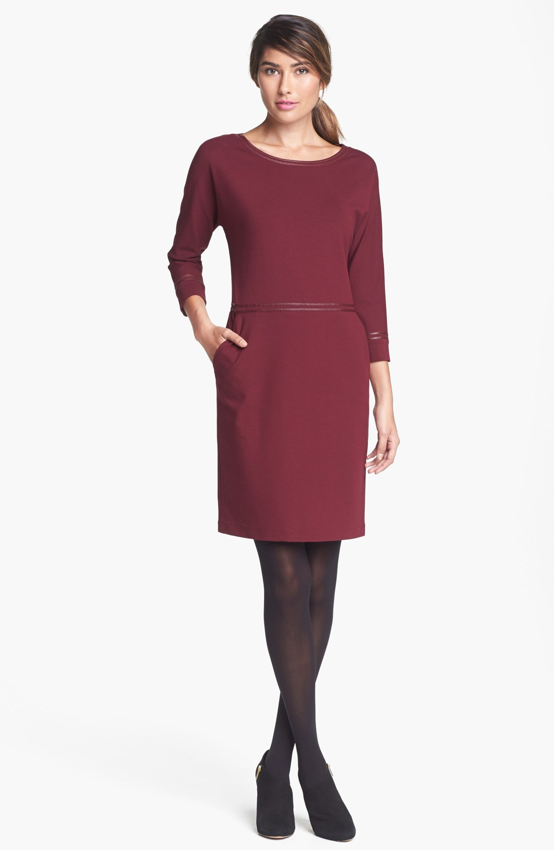 Lafayette 148 New York Leather Trim Knit Dress in Red (Merlot) | Lyst