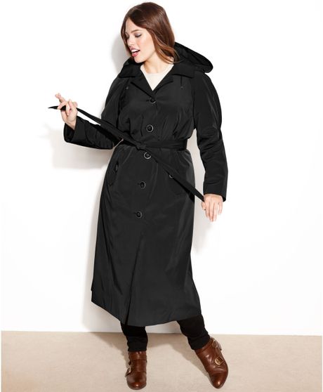 London Fog Hooded Belted Maxi Trench Coat in Black | Lyst