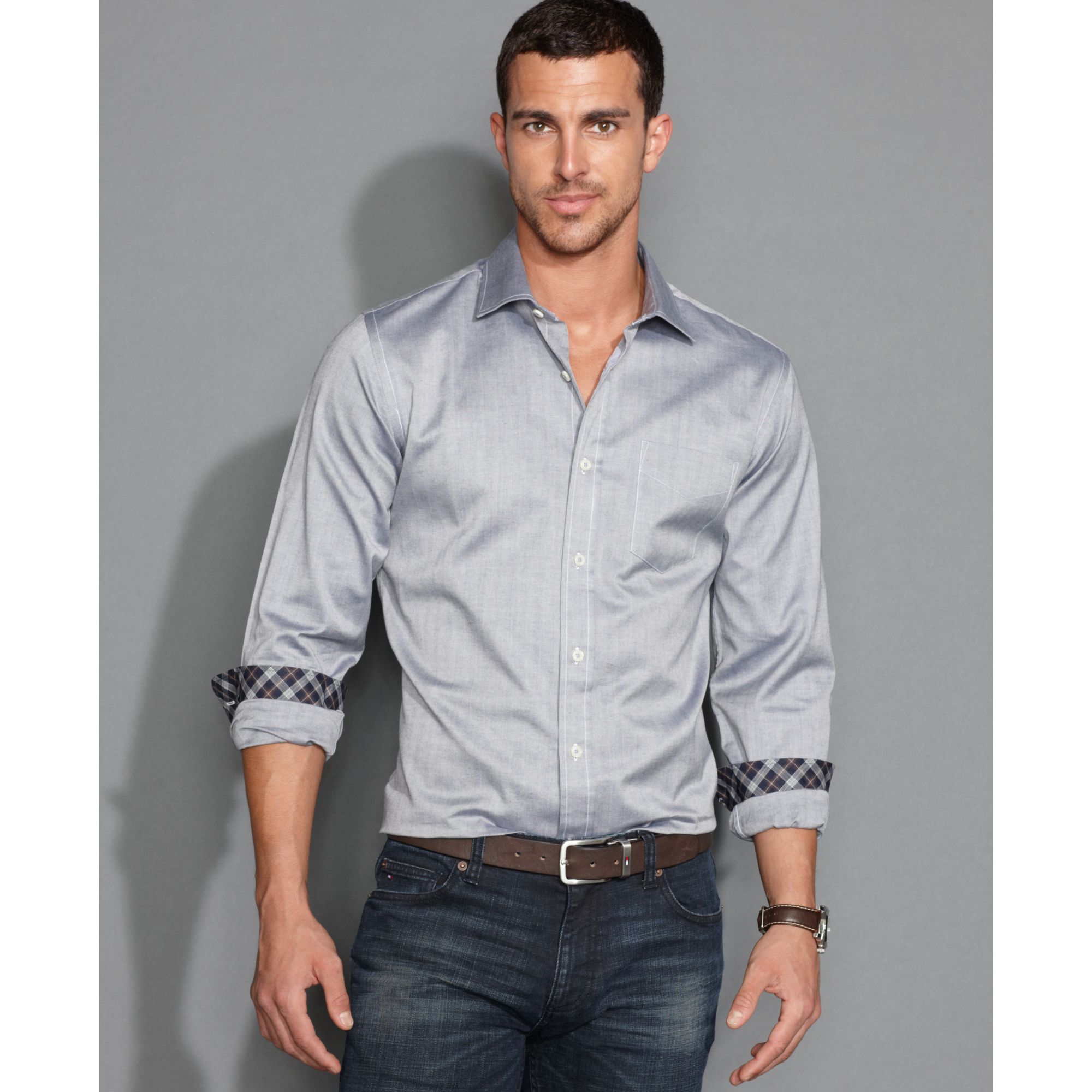 Tommy hilfiger Long Sleeve Slim Fit Van Patten Shirt in Gray for Men | Lyst