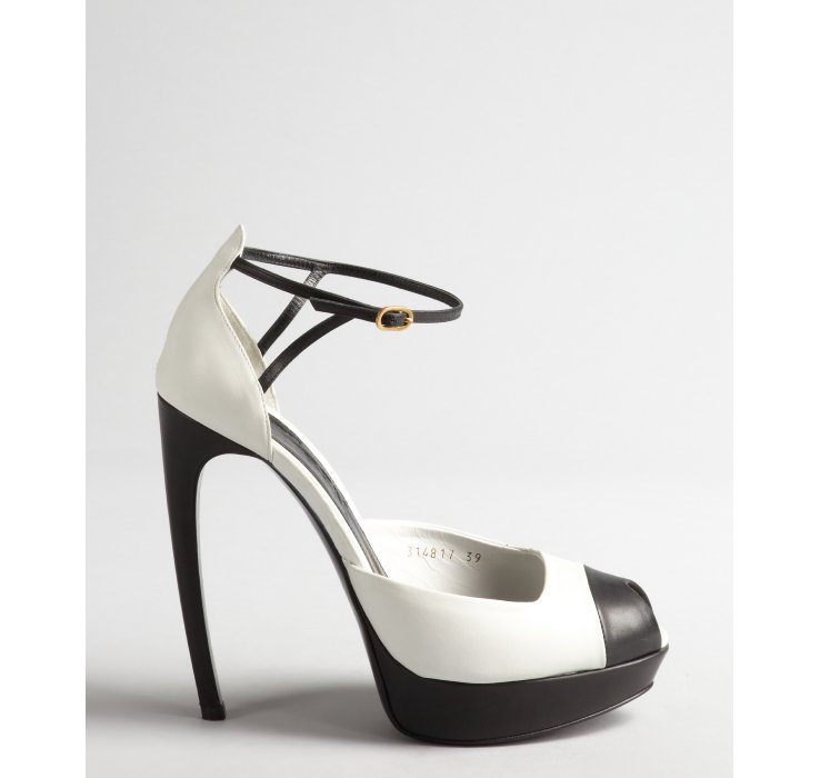Lyst - Alexander Mcqueen White and Black Curved Heel Peep Toe Pumps in ...