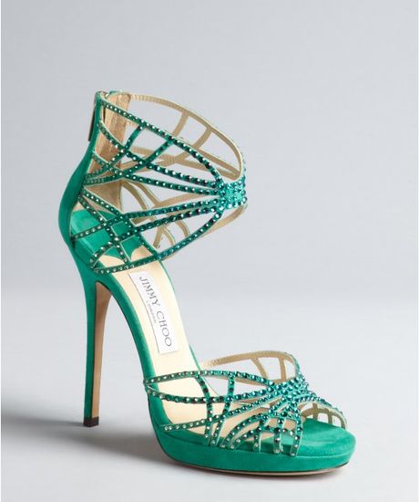 Jimmy Choo Jade Green Suede Sequined Cutout Ankle Cuff Diva Peep Toe ...