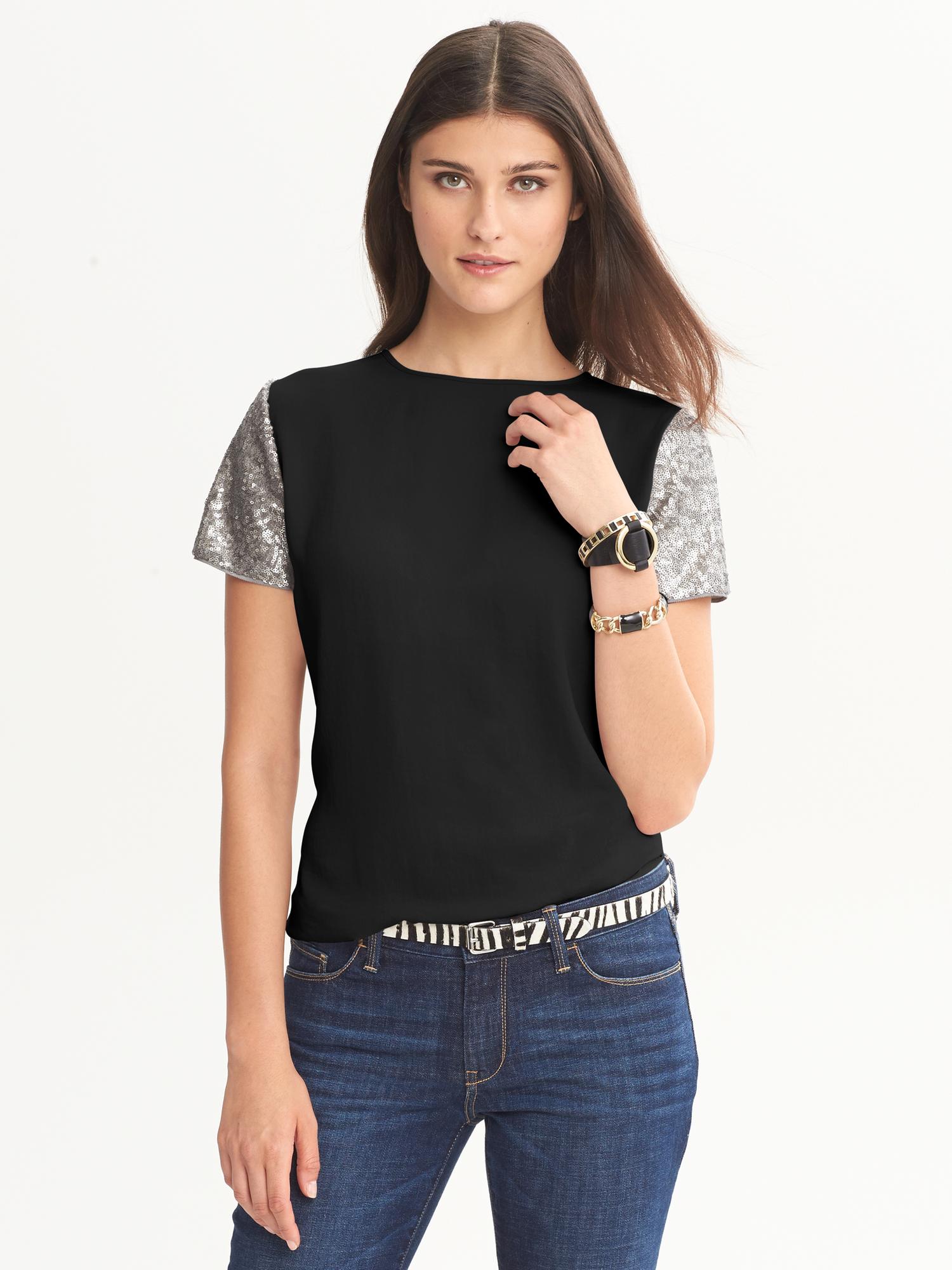 Black Sequin Sleeve Oversized T Shirt | Tops | PrettyLittleThing USA