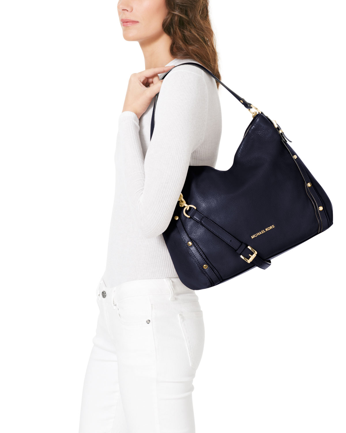 Michael Kors Leigh Large Shoulder Bag Black Leather Purse Best Lyst Michael Kors Large Leigh Shoulder Bag In Blue