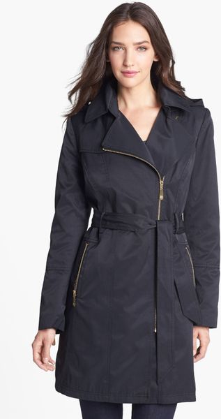 Vince Camuto Asymmetrical Zip Trench Coat with Detachable Hood in Black ...