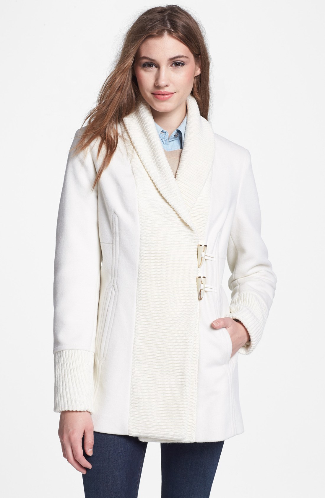 Vince Camuto Wool Blend Knit Toggle Coat in Beige (Cream) | Lyst