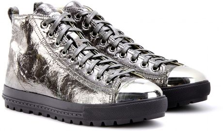 Miu Miu Metallic leather Sneakers with Metal Toe Cap in Silver | Lyst