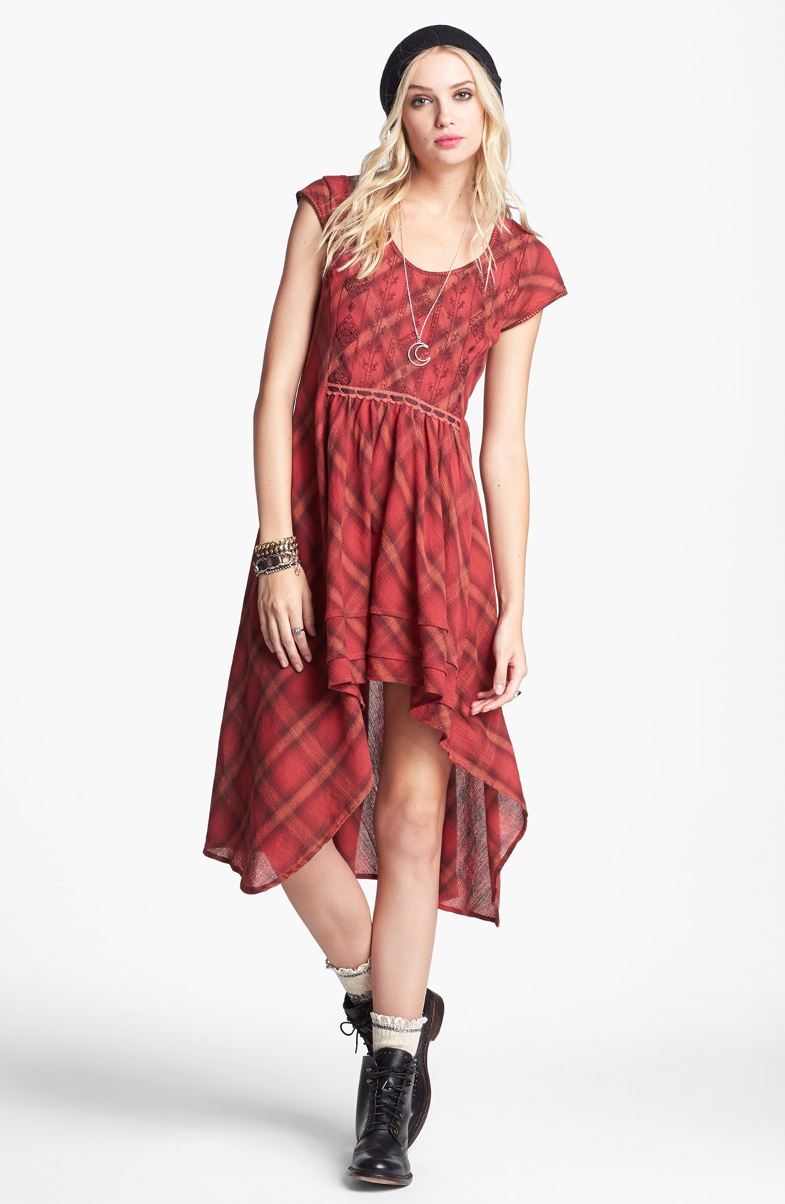 Free People Rad For Plaid Cutout High Low Dress in Red (Cranberry Combo ...