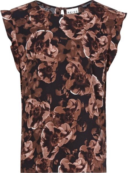 Reiss Whitely Rose Print Frill Sleeve Floral Print Top in Pink (BLUSH ...