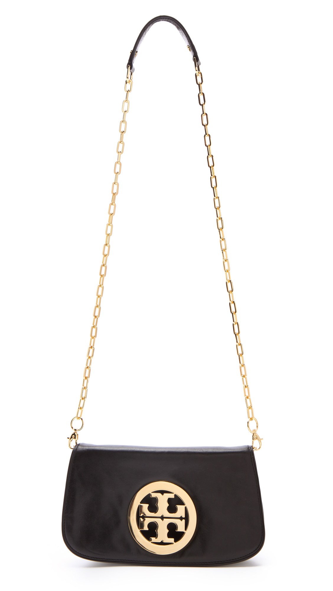 Tory burch Logo Clutch with Chain Blackgold in Black | Lyst