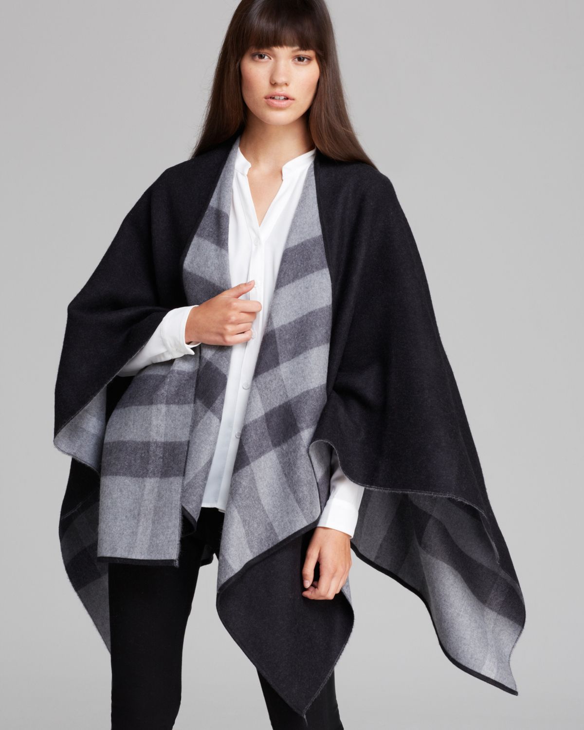 Burberry Charlotte Solid To Check Wool Cape in Black (Charcoal Check ...