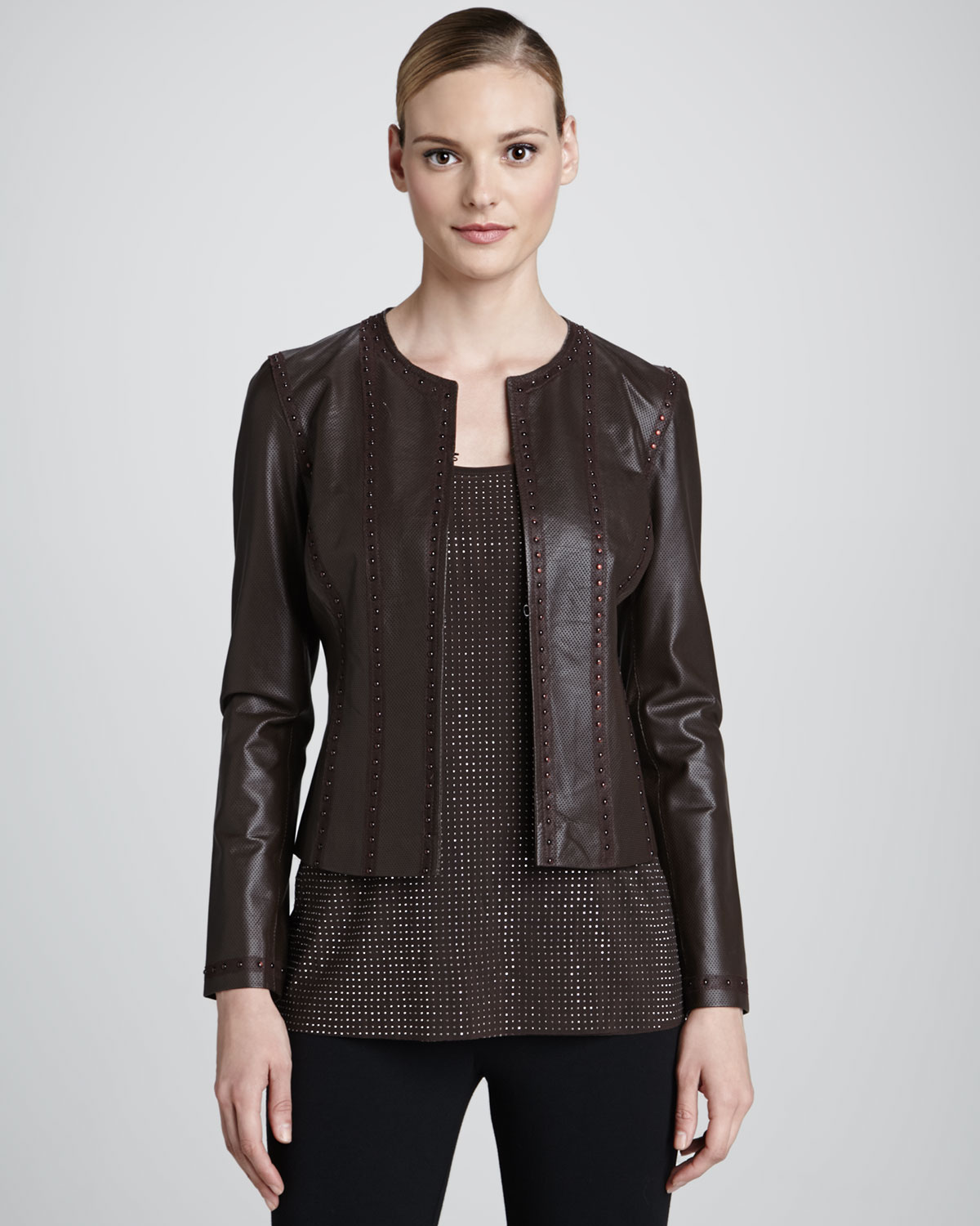 Grayse Studded Perforated Leather Jacket in Brown - Lyst