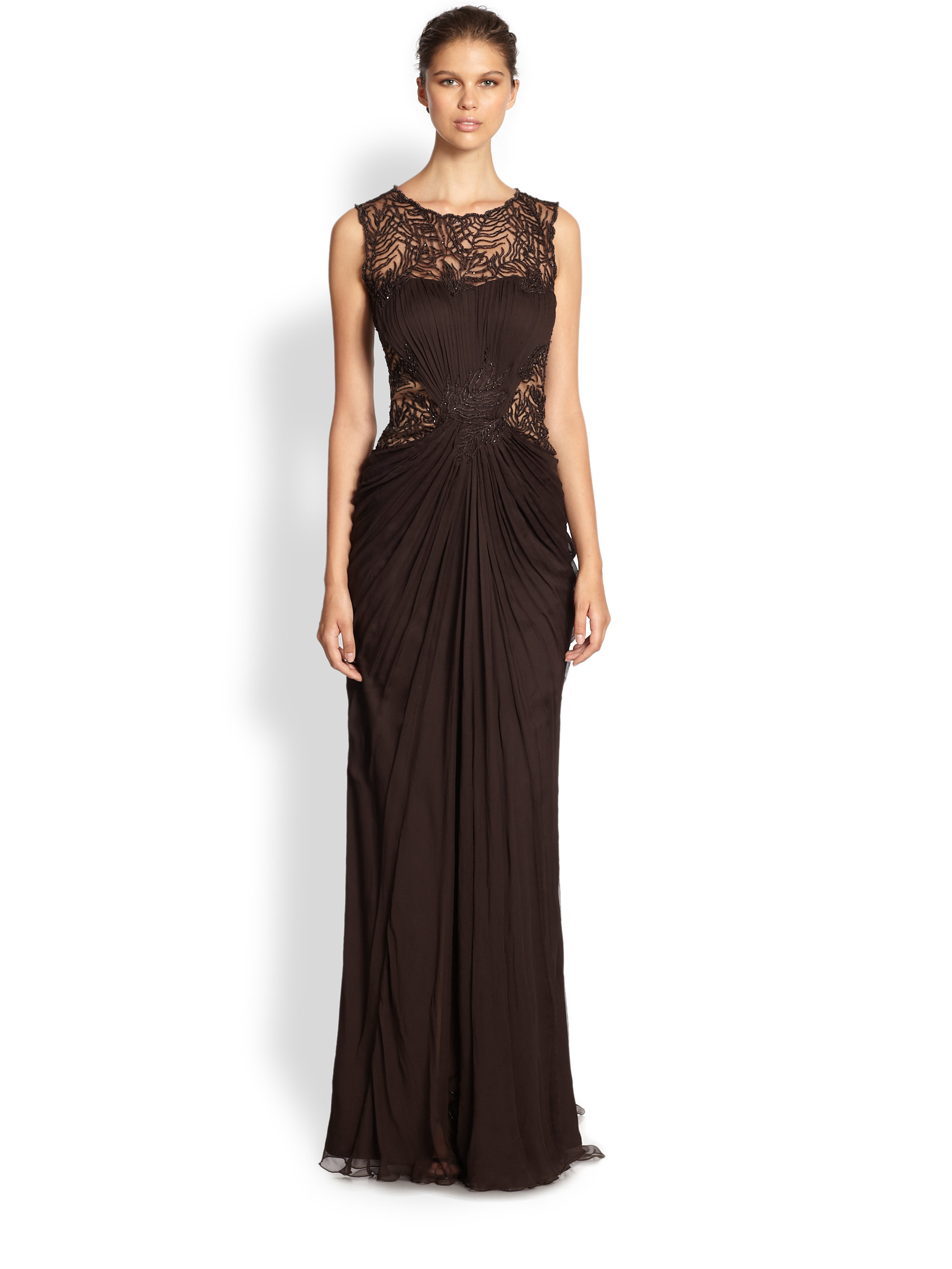 tadashi shoji off the shoulder illusion lace gown