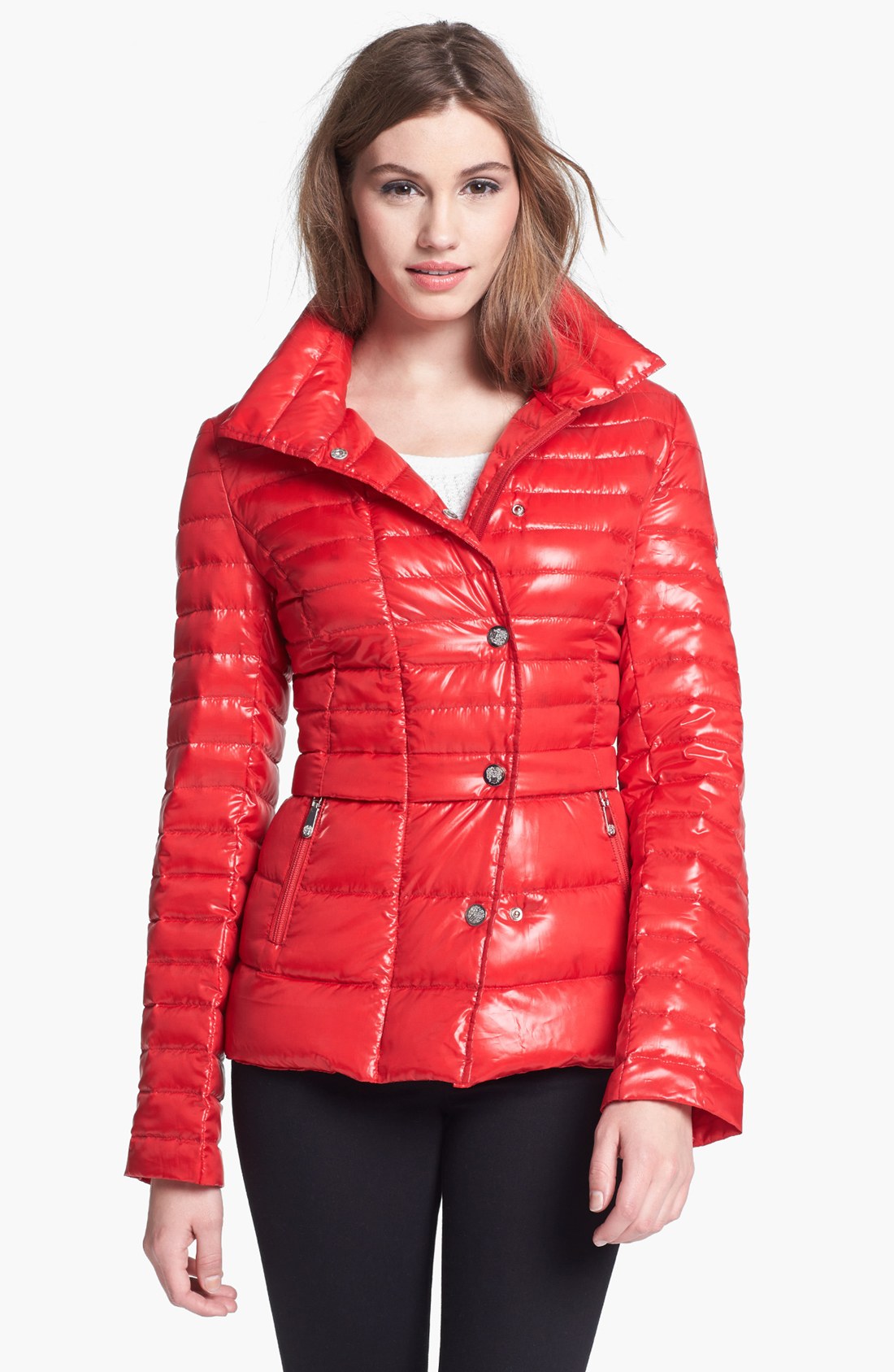 Vince Camuto Asymmetrical Snap Front Down Jacket in Red (True Red) | Lyst