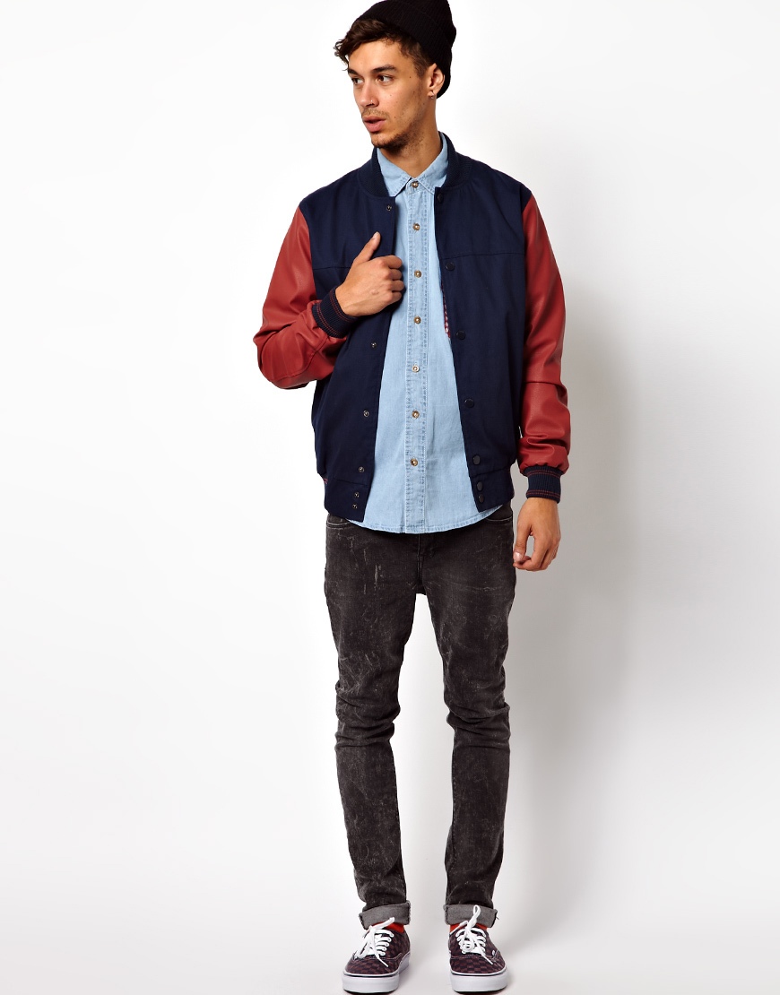Kr3w Baseball Jacket Faux Leather Sleeves In Blue For Men Lyst Gallery