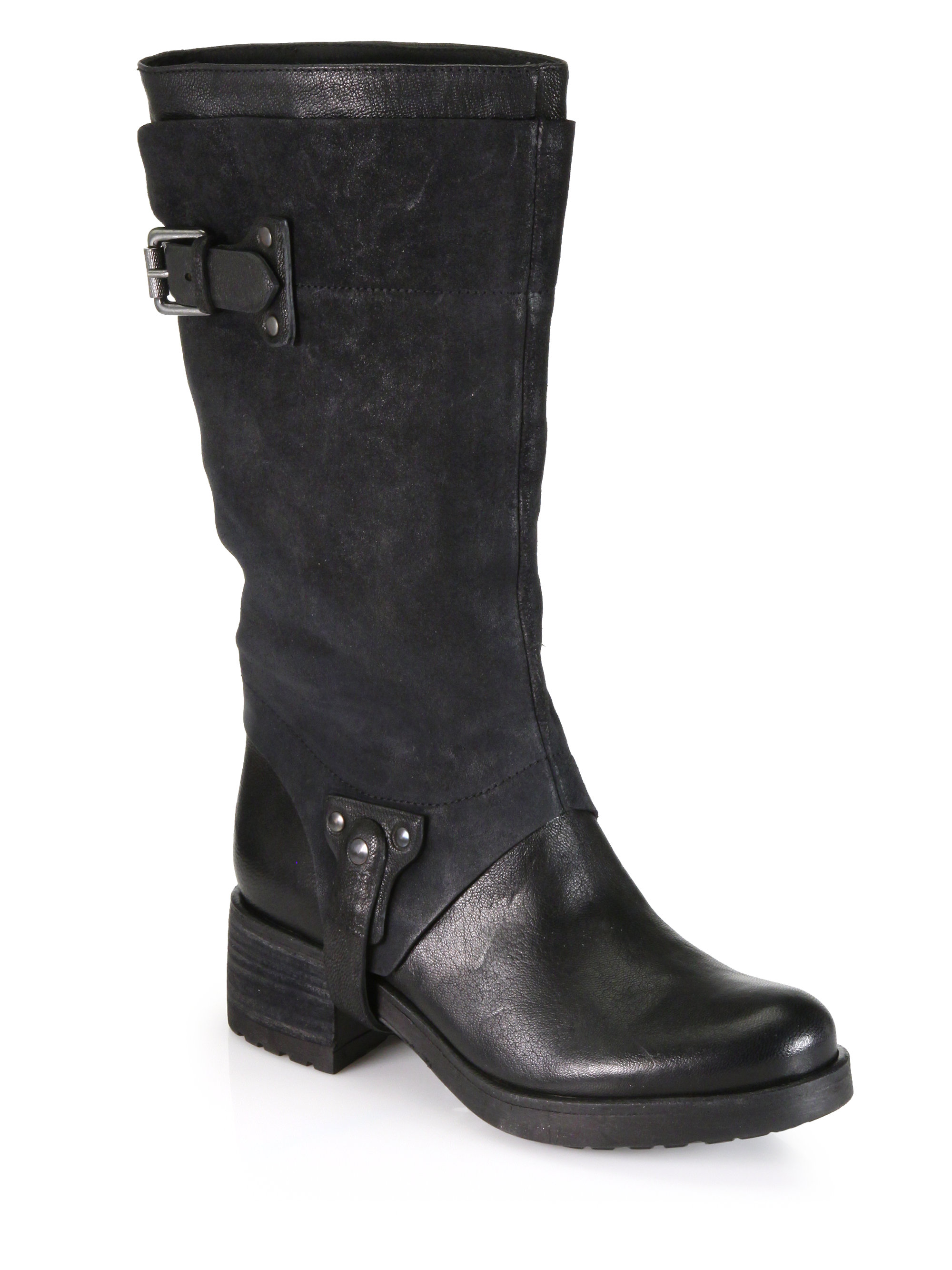 Vera Wang Lavender Essie Suede Leather Motorcycle Boots in Black | Lyst