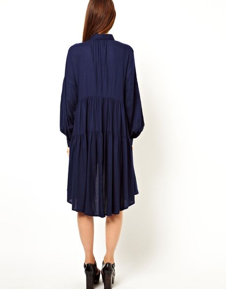 Asos Tiered Swing Shirt Dress in Blue (Navy) | Lyst