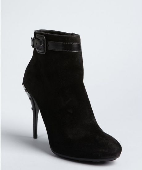 Tod's Black Suede Leather Trimmed Buckle Detail Stiletto Ankle Boots in ...