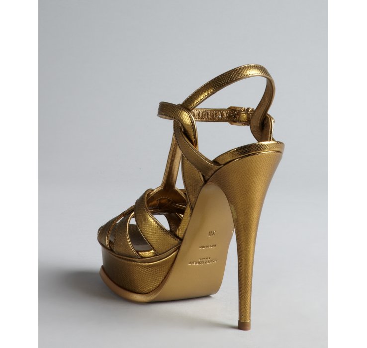 Lyst - Saint Laurent Gold Embossed Leather Tribute Platform Sandals in ...