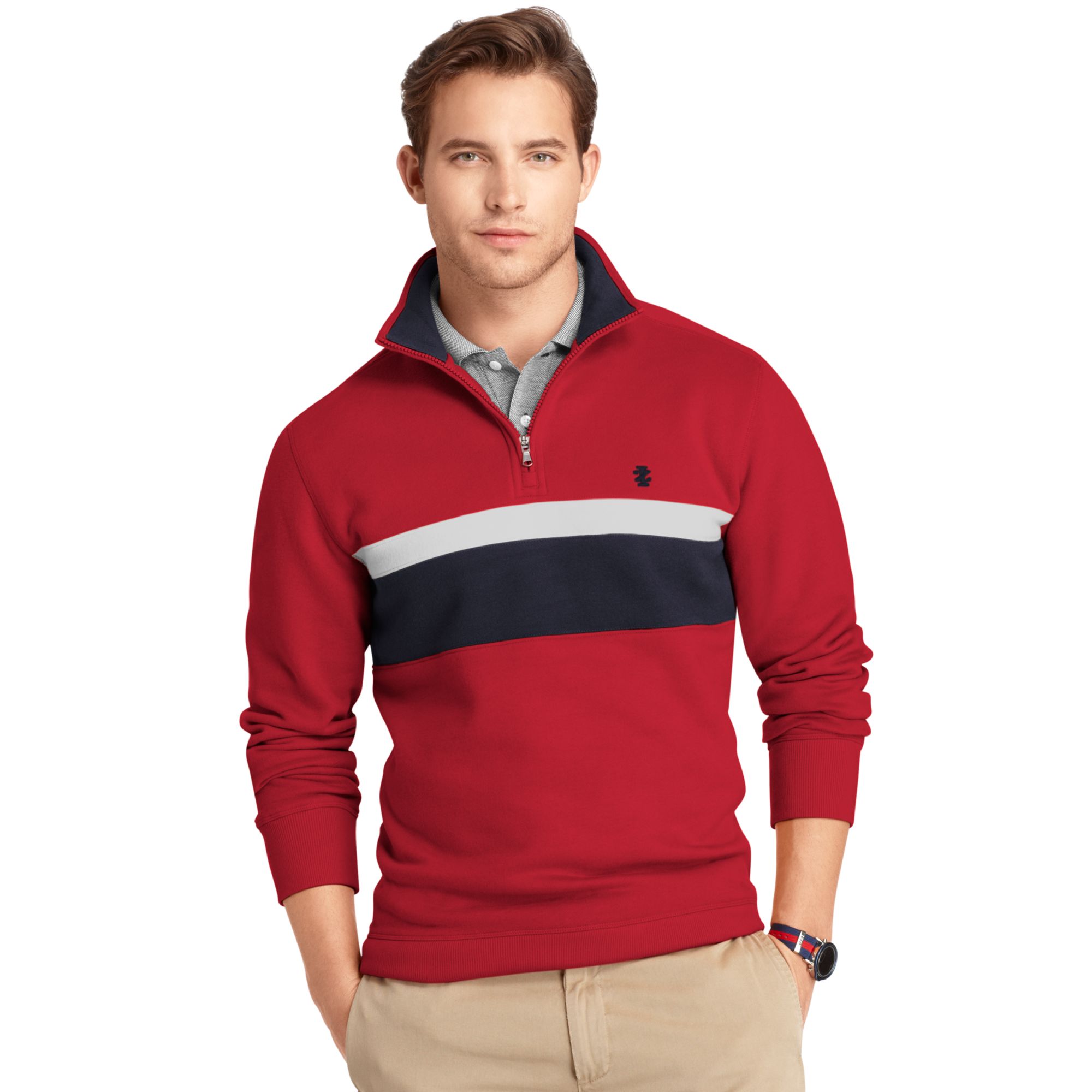 Izod Sweater Quarter Zip Chest Stripe Sueded Fleece Pullover Sweater in ...