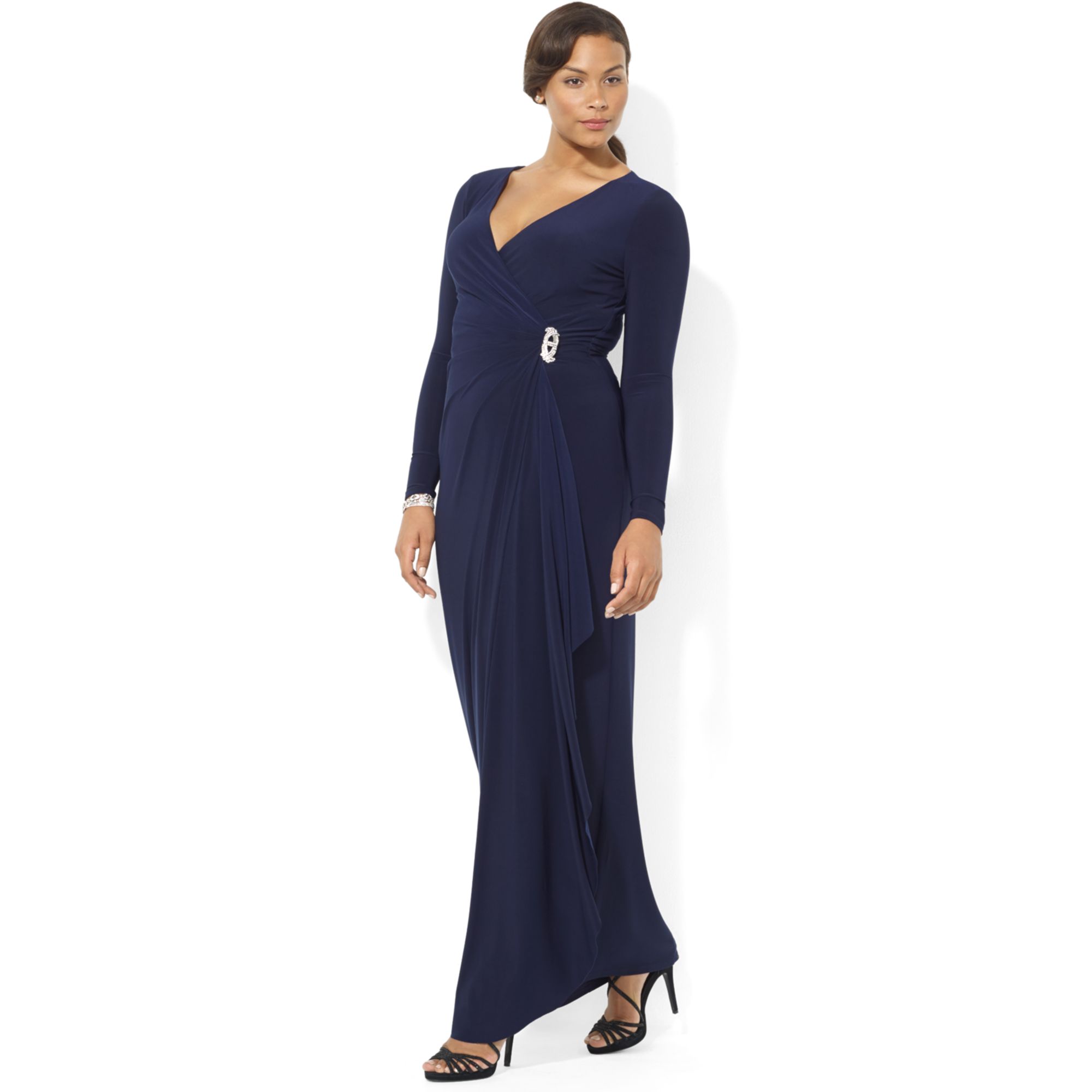 Lauren By Ralph Lauren Long-sleeve Jersey Gown with Brooch in Blue ...