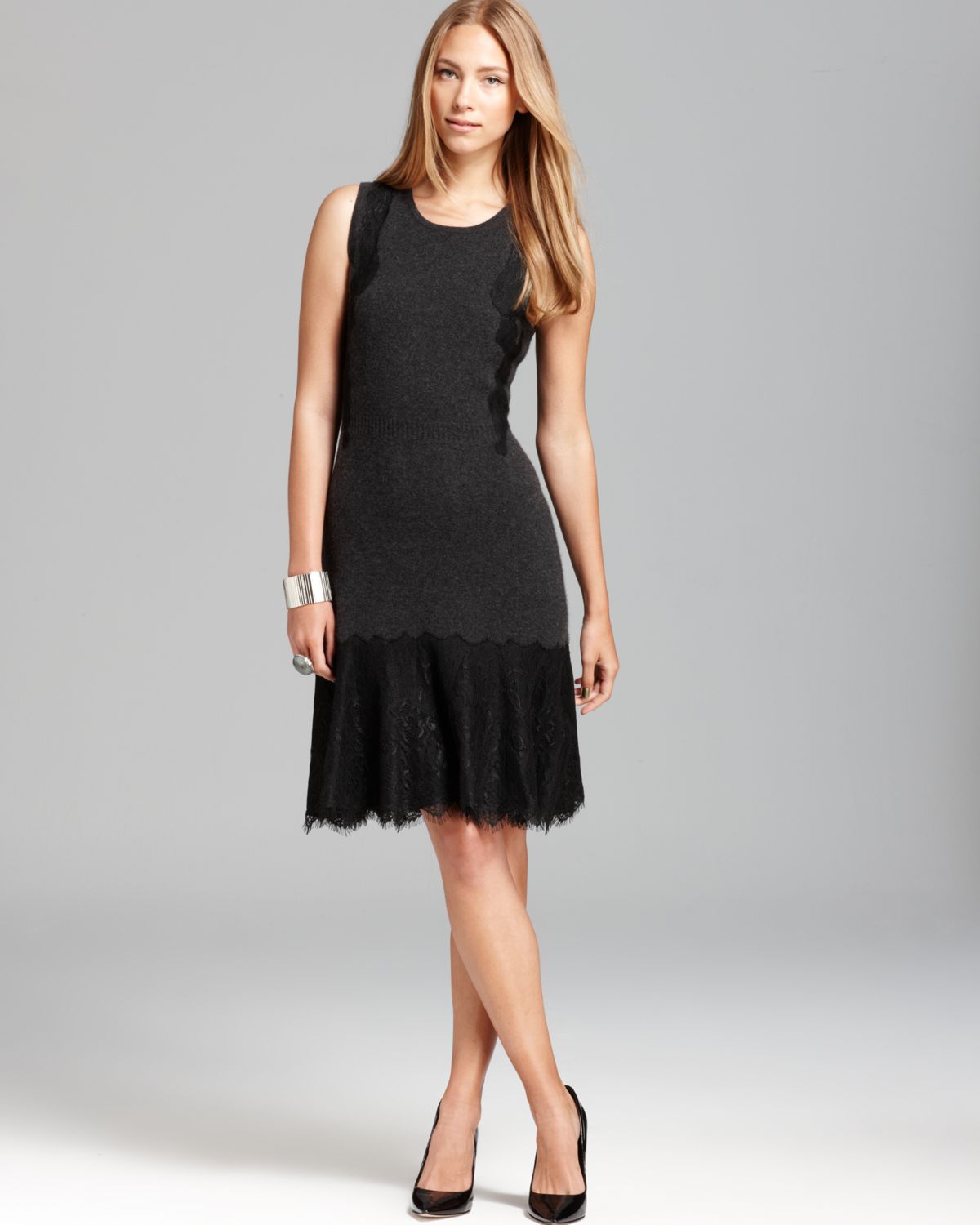 C By Bloomingdale's Lace Applique Cashmere Dress in Black (Dark ...