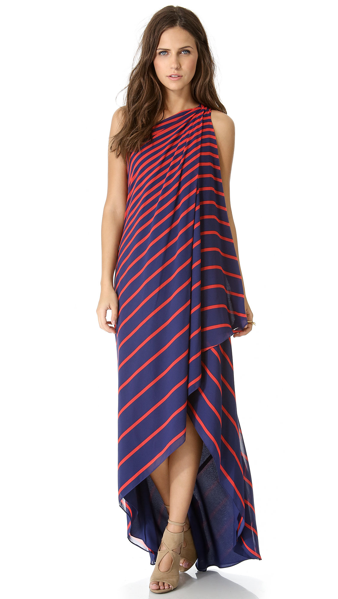 Lyst - Halston One Shoulder Stripe Gown in Blue