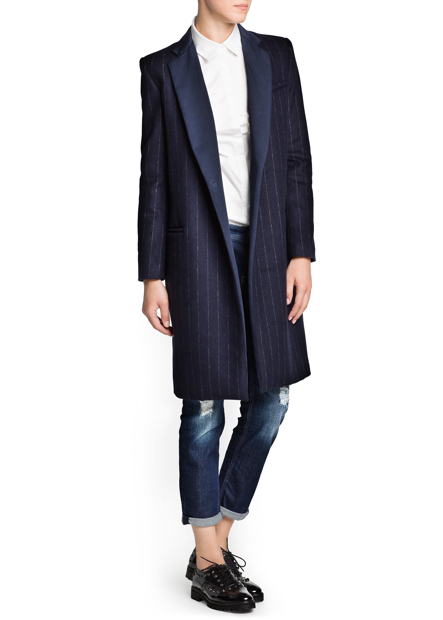 Mango Pinstripe Woolblend Coat in Blue Lyst
